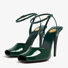 Open toe thin heel pump in shiny green patent leather