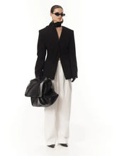 Black V neck asymmetric blazer with padded shoulders in slim fit