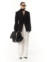 Black V neck asymmetric blazer with padded shoulders in slim fit