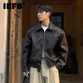 IEFB High Street Men's PU Leather Coats Turn-down Collar Double-ended Zipper Design Silhouette Solid Color Male Jackets 9X649