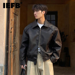IEFB High Street Men's PU Leather Coats Turn-down Collar Double-ended Zipper Design Silhouette Solid Color Male Jackets 9X649