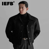 IEFB Retro Minimalist Warm Men's Workwear Wool Jacket Solid Color Turn Down Collar Long Sleeves Coat Winter New Tide 9X2085