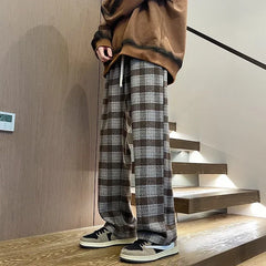 2026 New Y2K Vintage Plaid Baggy Trousers For Men High Street Woolen Straight-leg Pants Korean Fashion Hip Hop pantalones hombre