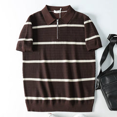 Summer Short Sleeve Knitted Wave Stripe Polo Shirt Men Business Casual Fashion Vintage Commuter Sweater T-shirt Tops Tshirt