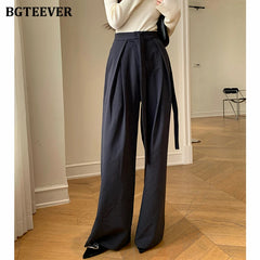 High waist straight suit pants with lace-up and wide leg