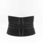 Wide waist belt in top-stitched leather with pin buckle in black