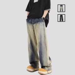 Spring Men's Distressed Vintage Washed Gradient Jeans Hip Hop Straight Wide Leg Baggy Denim Pants High Street Fashion Y2K Jean