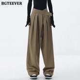 High waist floor-length wide-leg suit trousers with pockets