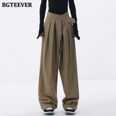 High waist floor-length wide-leg suit trousers with pockets