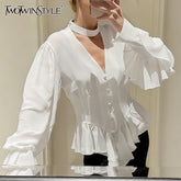 TWOTWINSTYLE White Loose Spliced Folds Chic Shirt for Women V Neck Long Sleeve Elegant French Shirts Female Summer Fashion New