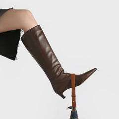 Square toe knee-high knight boot with mid heel in white cowhide