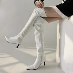 Pointed toe over-the-knee boot with kitten heel in glossy patent leather
