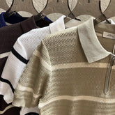 Summer Short Sleeve Knitted Wave Stripe Polo Shirt Men Business Casual Fashion Vintage Commuter Sweater T-shirt Tops Tshirt