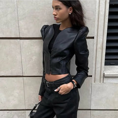 TWOTWINSTYLE Streetwear Black Short PU Leather Shirt for Women V Neck Long Sleeve Slimming Vintage Fashion Top Female New Trendy