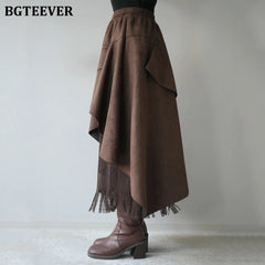 A-line mid-length irregular tassel skirt