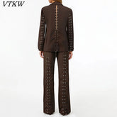 Openwork hidden button loose long-sleeve suit set