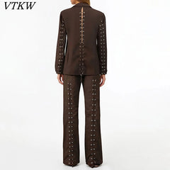 Openwork hidden button loose long-sleeve suit set