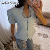 TWOTWINSTYLE Solid Loose Spliced Lace Shirts for Women Square Collar Short Sleeve Korean Design Shirt Female Summer Fashion New