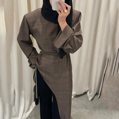 Linen blazer with tie waist and asymmetric hem in dark brown
