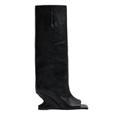 Square toe knee-high boot with high heel in stone pattern