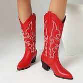 Round toe western boot with embroidered stripe and thick heel