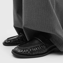 Men's Black Genuine Leather Loafers Square Toe Wrinkle Design Slip-On Casual Dress Shoes Vintage British Style Comfortable Flat