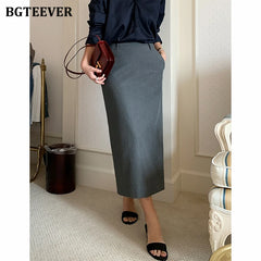 Mid-length skinny suit skirt with high waist in slim fit