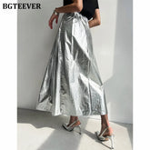 A-line long pleated skirt in silver with high waist