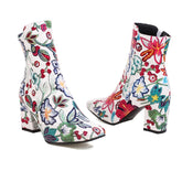 Round toe ankle boot with thick heel and floral print in plush