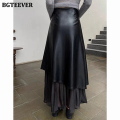 Slim PU leather skirt with mesh patchwork panel