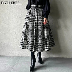 A-line plaid woolen skirt with pockets and high waist