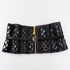 Openwork mesh wide waist belt in curved leather for women