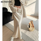 Long package hip satin skirt with high waist and slim fit