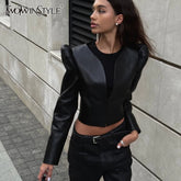 TWOTWINSTYLE Streetwear Black Short PU Leather Shirt for Women V Neck Long Sleeve Slimming Vintage Fashion Top Female New Trendy