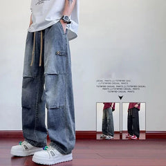 Autumn Men's Hip Hop Fashion Pleated Jeans High Street Straight-Leg Baggy Denim Trousers 2026 New Casual Drawstring Y2K jean
