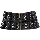 Openwork mesh wide waist belt in curved leather for women