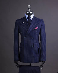 Navy Men's Suits Tailored 2 Pieces Blazer Pants Peaked Lapel Double Breasted Pinstripes New Wedding Groom Custom Made Plus Size