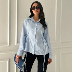 BJTZ 2026 Spring Autumn Women Striped Waist Tie Shirt Elegant Office Work Wear Casual Slim Tops