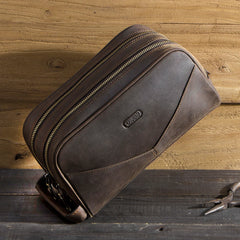 Vintage Crazy Horse Leather men cosmetic Case makeup bag travel toiletry hand-held make up wash bags Double Zipper man organizer