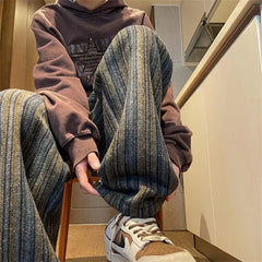 2026 New Men's Striped Woolen Straight Leg Trousers Classic Y2K Vintage Baggy Pants Casual High Street Fashion Gym Sweatpants