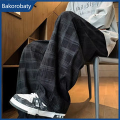Spring Men's Plaid Distressed Baggy Pants 2026 New Casual Sports Loose Straight-Leg Sweatpants High Street Fashion Y2K Trousers