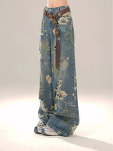 High waist wide-leg distressed jeans with vintage floral print