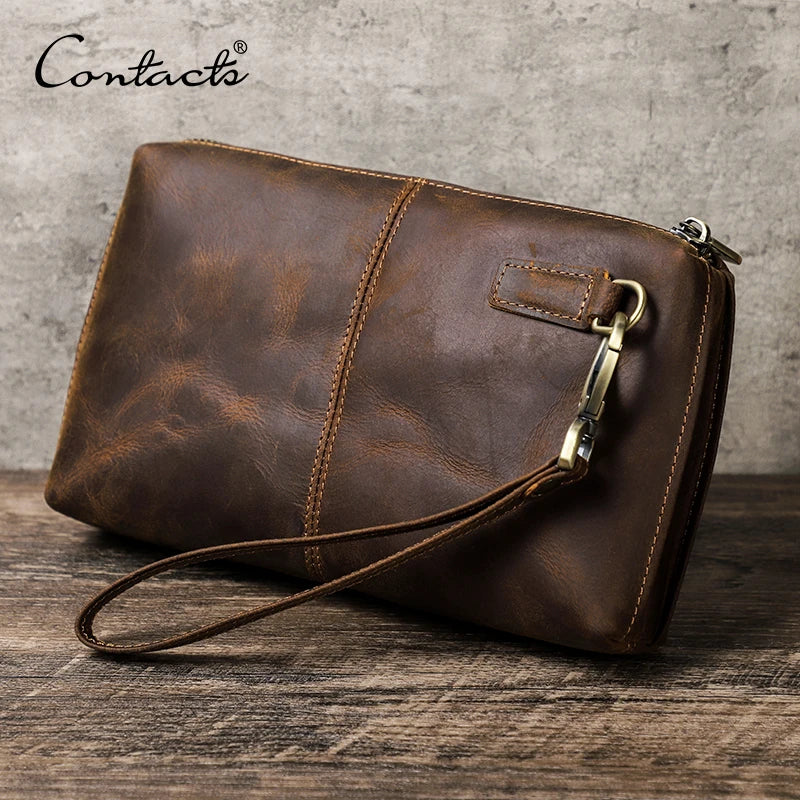 CONTACT'S Vintage Men's Clutch Bag RFID Genuine Leather Clutch Wallet Bag Casual Long Purse Large Capacity Travel Handbag Male