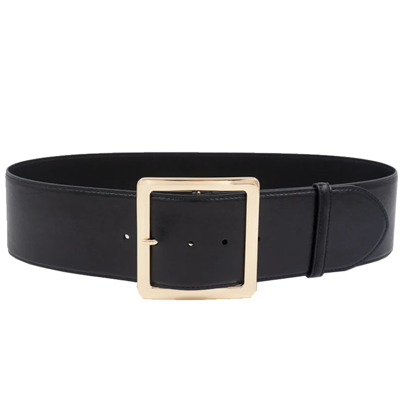 Light gold square buckle wide waist belt in soft cowhide leather
