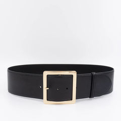 Light gold square buckle wide waist belt in soft cowhide leather