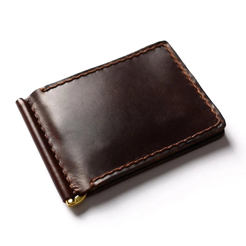 Genuine leather wallet with stainless steel spring money clip