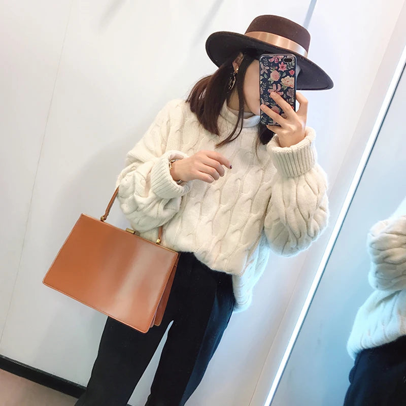 Vintage clip-top tote in PU leather