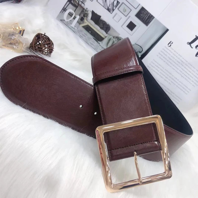 Light gold square buckle wide waist belt in soft cowhide leather