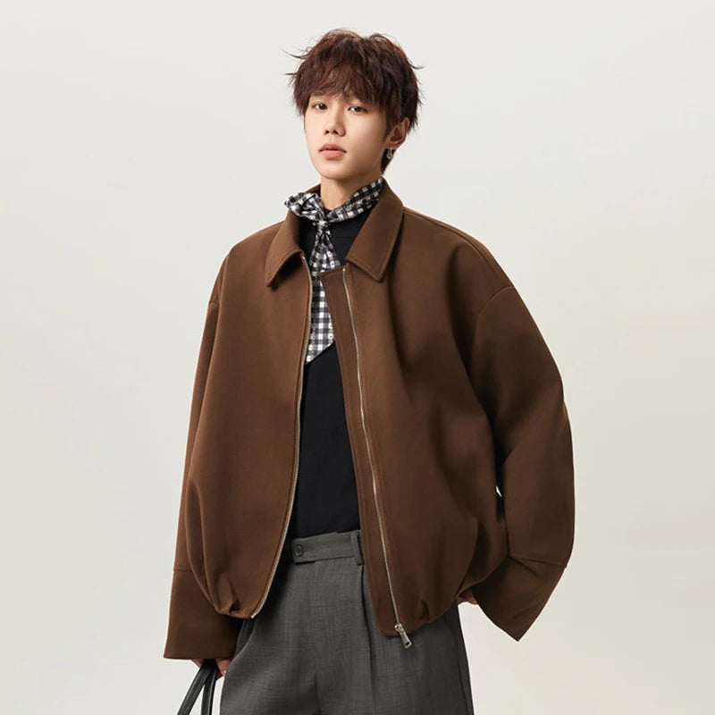 IEFB Back Pleated Design Men's Jackets Woolen Lapel Solid Color Curved Knife Sleeve Korean Style Zipper Male Coats Simple 9X1617