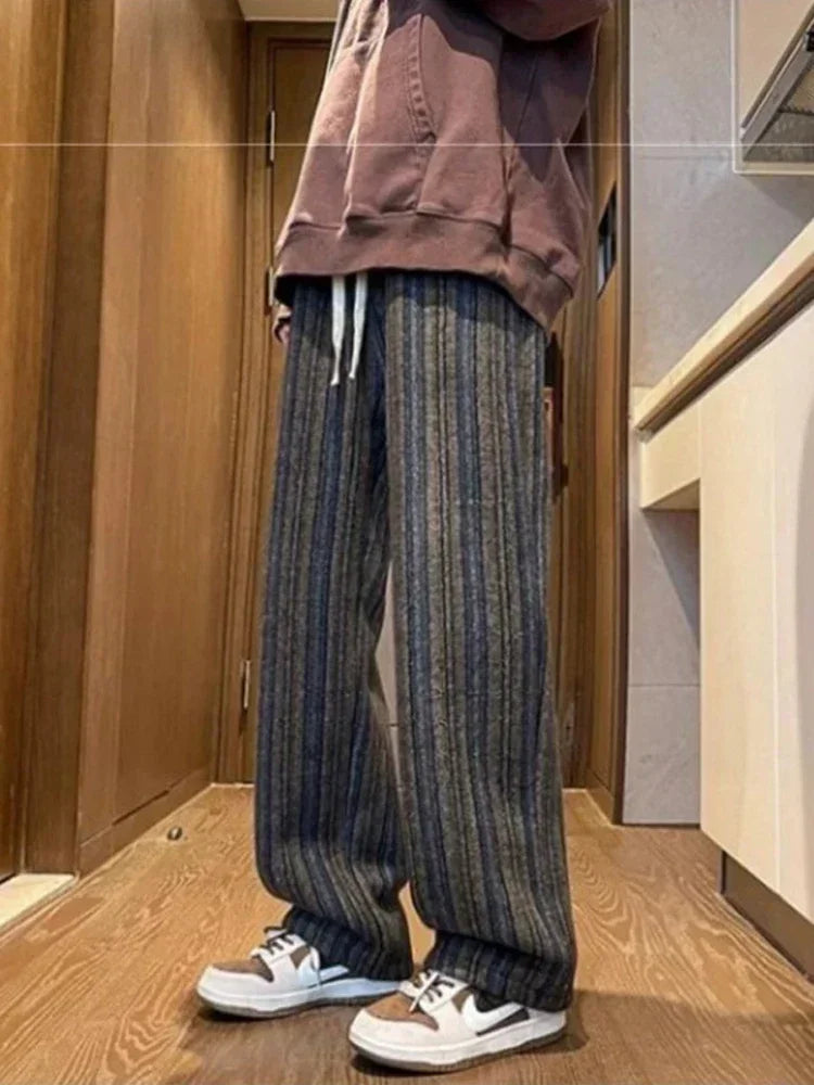 2026 New Men's Striped Woolen Straight Leg Trousers Classic Y2K Vintage Baggy Pants Casual High Street Fashion Gym Sweatpants